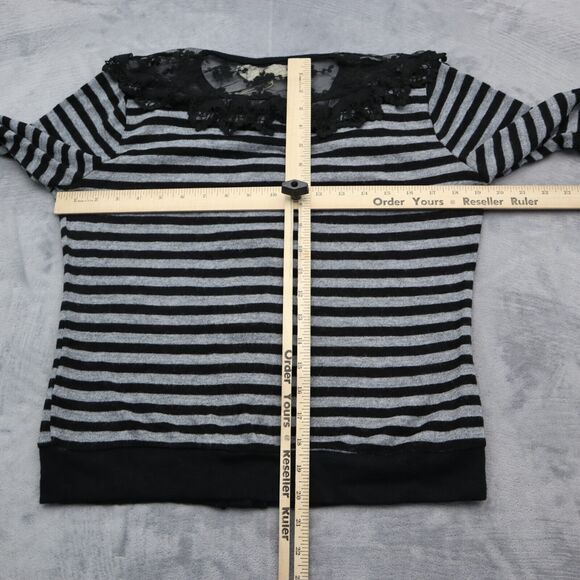 Areve Sweater Womens L Black Gray Cardigan Long Sleeve Stripe Button Knit Lace - Picture 3 of 16
